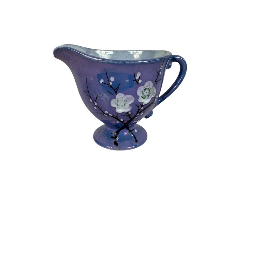 Vintage Hand Painted Purple Iridescent Cherry Blossom Handled Creamer Dish Japan
